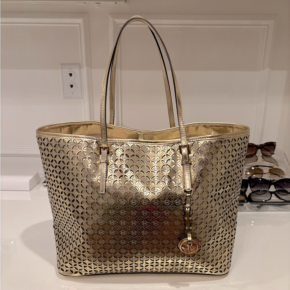 MICHAEL Michael Kors Gold Laser Cut Leather Jet Set Travel Tote